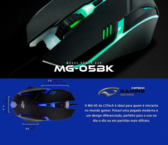 C3Tech Mouse MG-05BK Preto Gaming USB2.0 Ambidestro iluminação em LED multicores DPI ajustavel até 1600 na Amazon