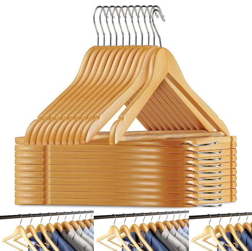Cabides de madeira maciça para terno – Pacote com 20 – com barra antiderrapante e entalhes cortados com precisão – Gancho cromado giratório de 360 graus – Cabides de madeira com acabamento natural super resistente e durável na Amazon