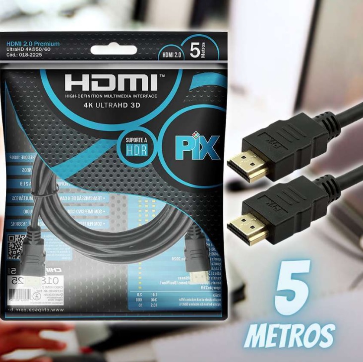 Cabo Hdmi 2.0 4K Hdr 19P 5M Pix Gold, 5 metros, Preto na Amazon
