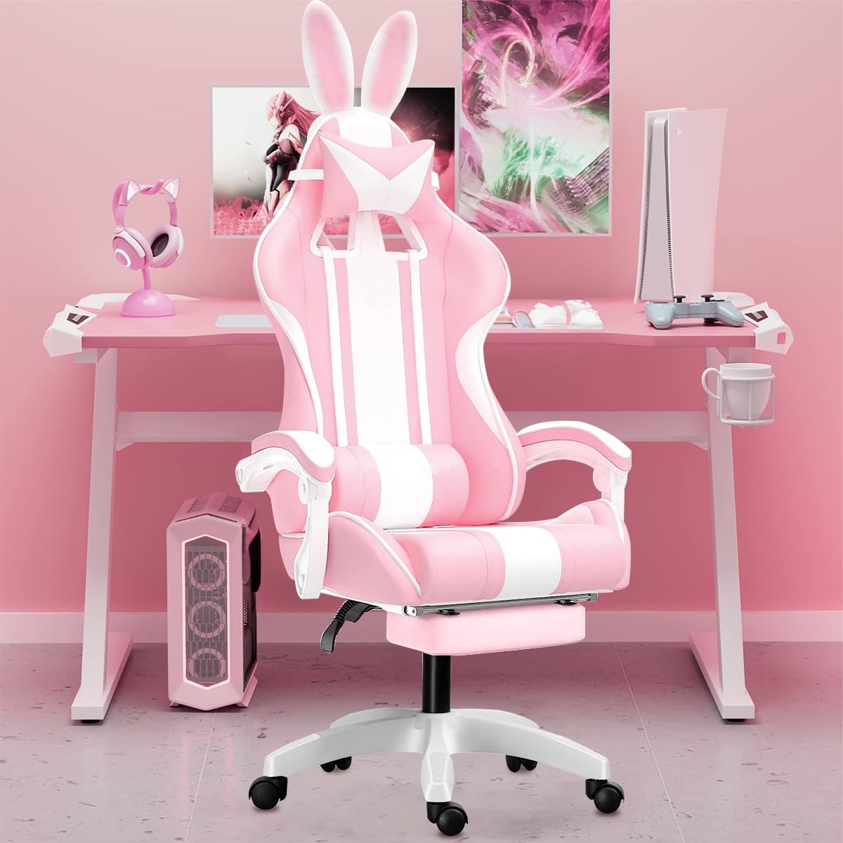 Cadeira gamer fofa com orelhas de coelho, cadeira ergonômica de jogos para meninas com apoio de pés e apoio de cabeça na Amazon
