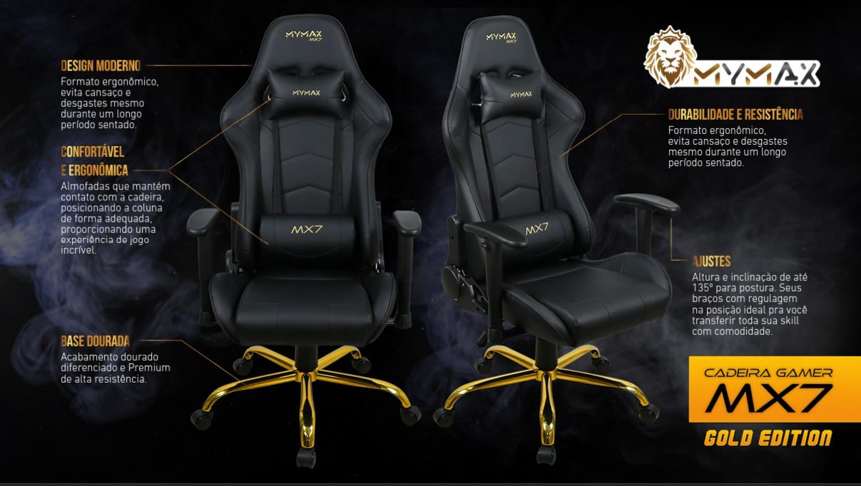 Cadeira Gamer Mymax MX7, Até 150KG, Giratória, Preto Gold Edition na KaBuM!