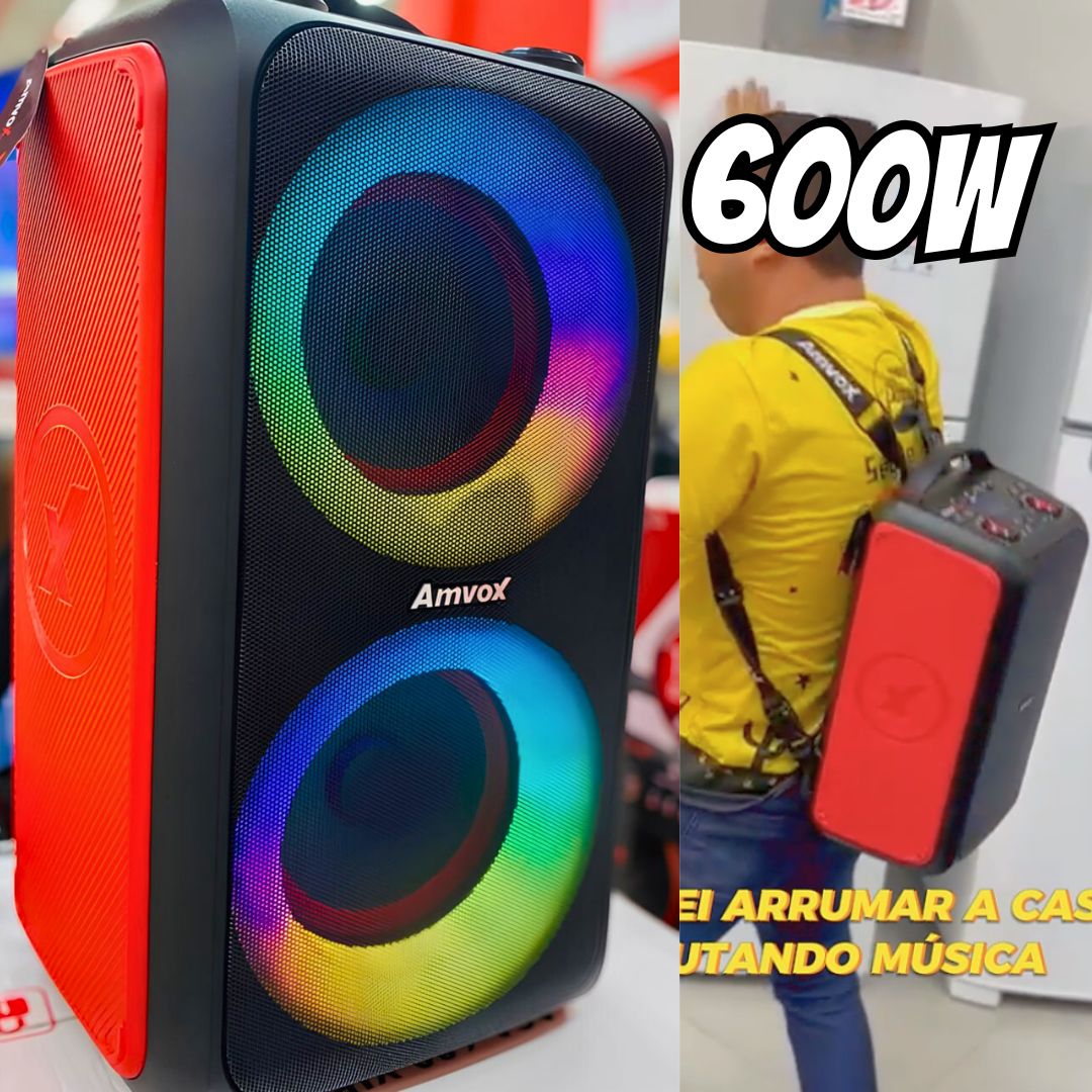 Caixa de Som Amplificada Ambox ACA600 Bagvox Vermelha – 600W RMS, Bluetooth, Bateria Recarregável, Luzes LED na Carrefour