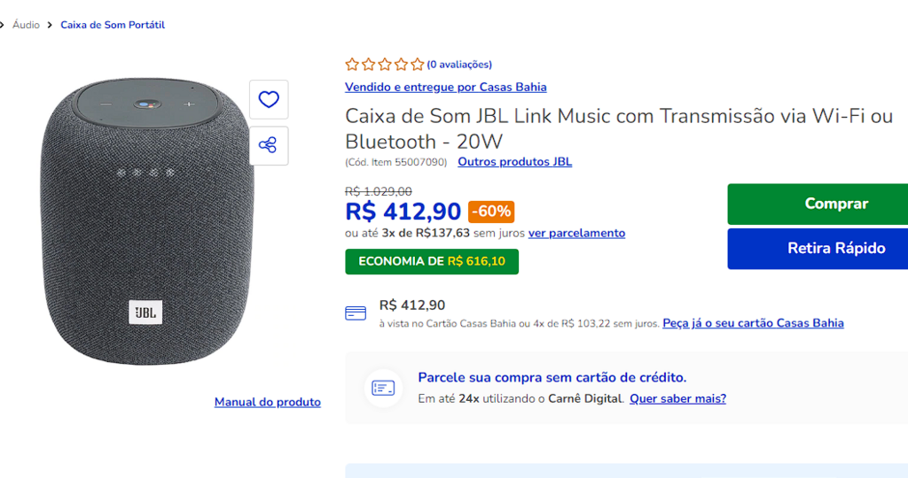 Caixa de Som JBL Link Music com Transmissão via Wi-Fi ou Bluetooth – 20W na Casas Bahia