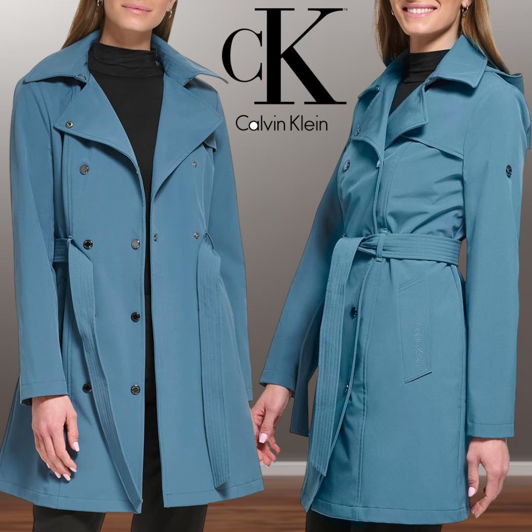 Calvin Klein Jaqueta de chuva feminina transpassada com cinto e capuz removível, Oasis, azul-petróleo, na Amazon