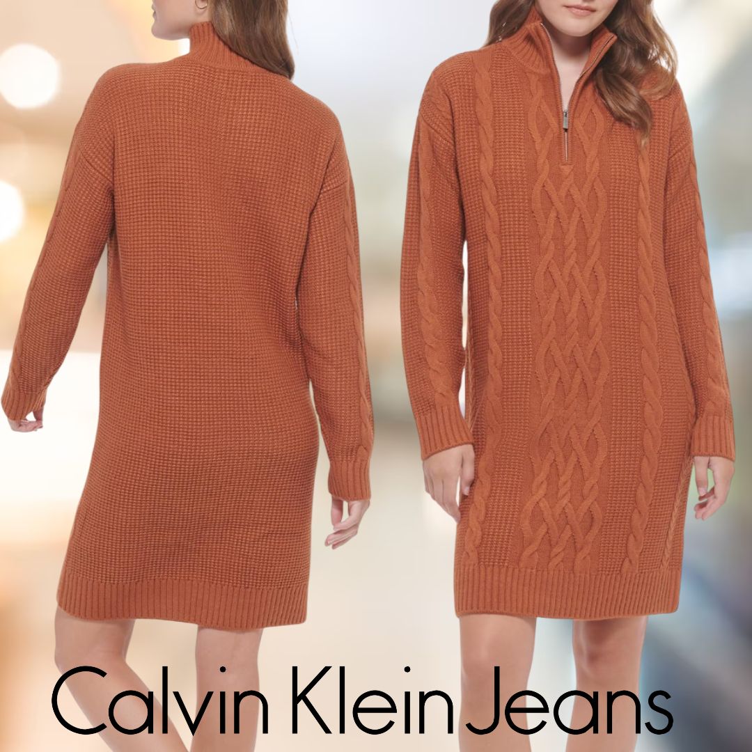 Calvin Klein Vestido feminino de malha Argyle com zíper 1/4, Gengibre queimado na Amazon