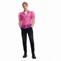 Camisetas De Festa De Malha Transparente Com Botões Frontais E Manga Bufante na Amazon