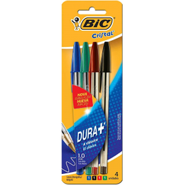 Caneta Esferográfica BIC Cristal Dura Mais A Clássica 878710 c/ 4 unidades - 1 Azul + 1 Preta + 1 Vermelha + 1 Verde na Amazon