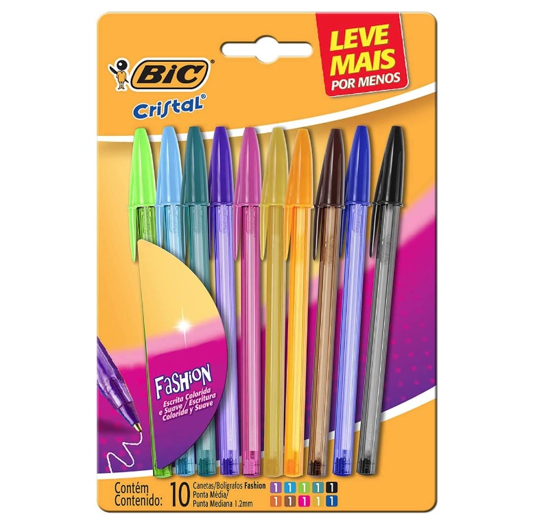 Caneta Esferográfica BIC Cristal Fashion, 10 Cores Vibrantes, Ponta Média de 1.2mm, 930813, Blister 1 Unidade na Amazon