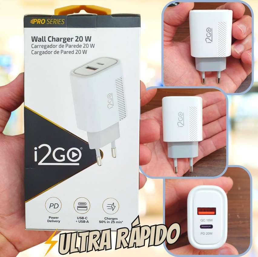 Carregador de Parede Ultra Rápido com 1 Saída USB-C Power Delivery 20W + 1 Saída USB-A 18W I2GO – i2GO PRO, Branco na Amazon