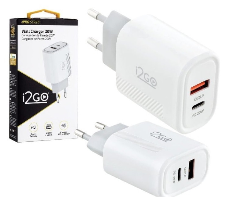 Carregador De Parede Ultra Rápido Com 1 Saída USB-C Power Delivery 36W + 1 Saída USB-A 18W I2GO – I2GO PRO na Amazon