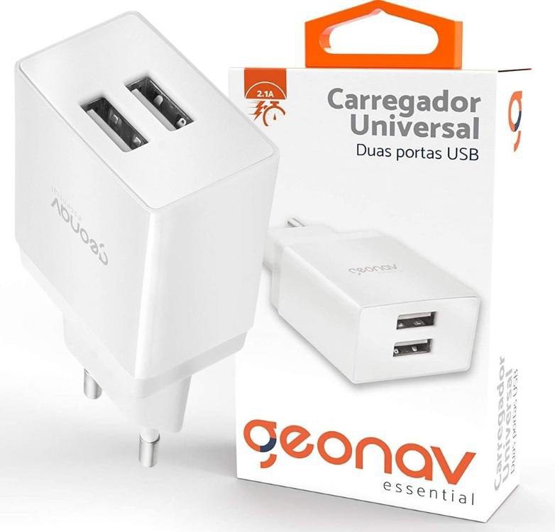 Carregador de Parede Universal 2.1A, 2 portas USB, Bivolt, Branco, ESACW2, Geonav na Amazon