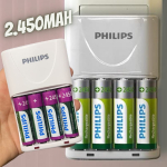 Carregador Philips de pilha recarregável AA e AAA inclui 4 pilhas AA 2.450mAh na Amazon