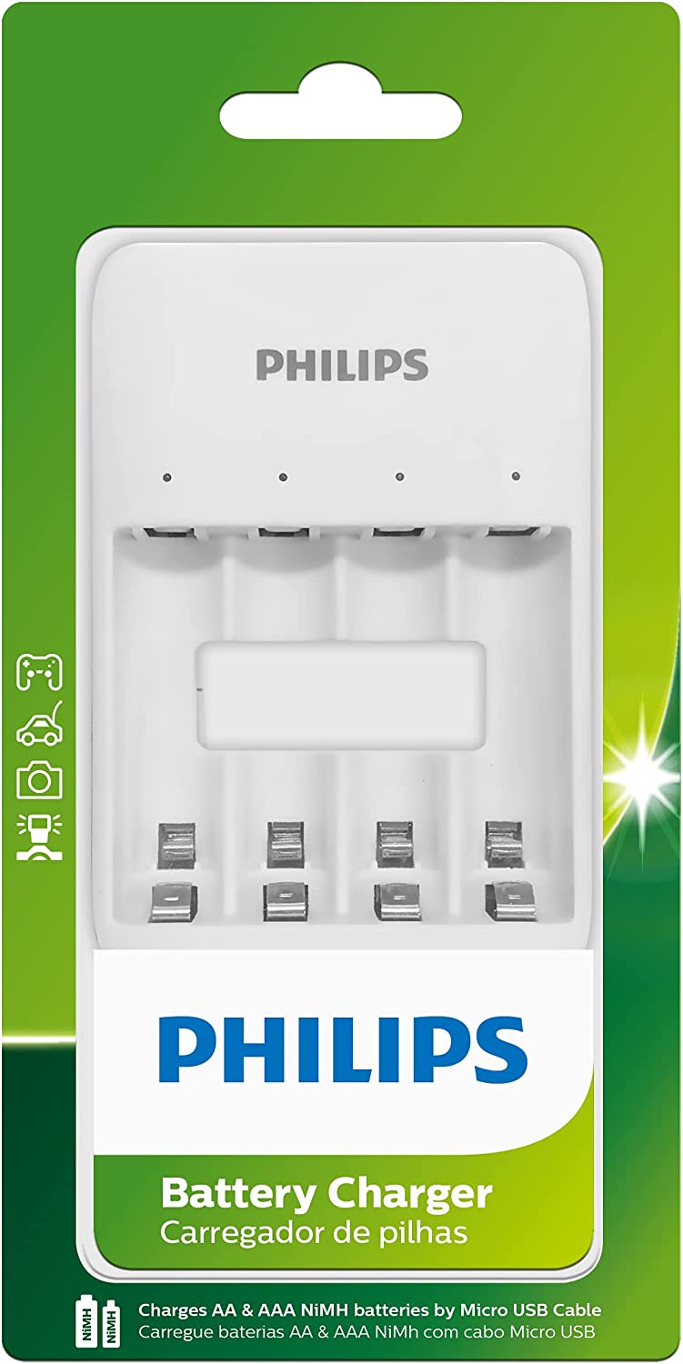 Carregador Philips de pilha recarregável AA e AAA via Micro-USB SCB3400NB/59 na Amazon