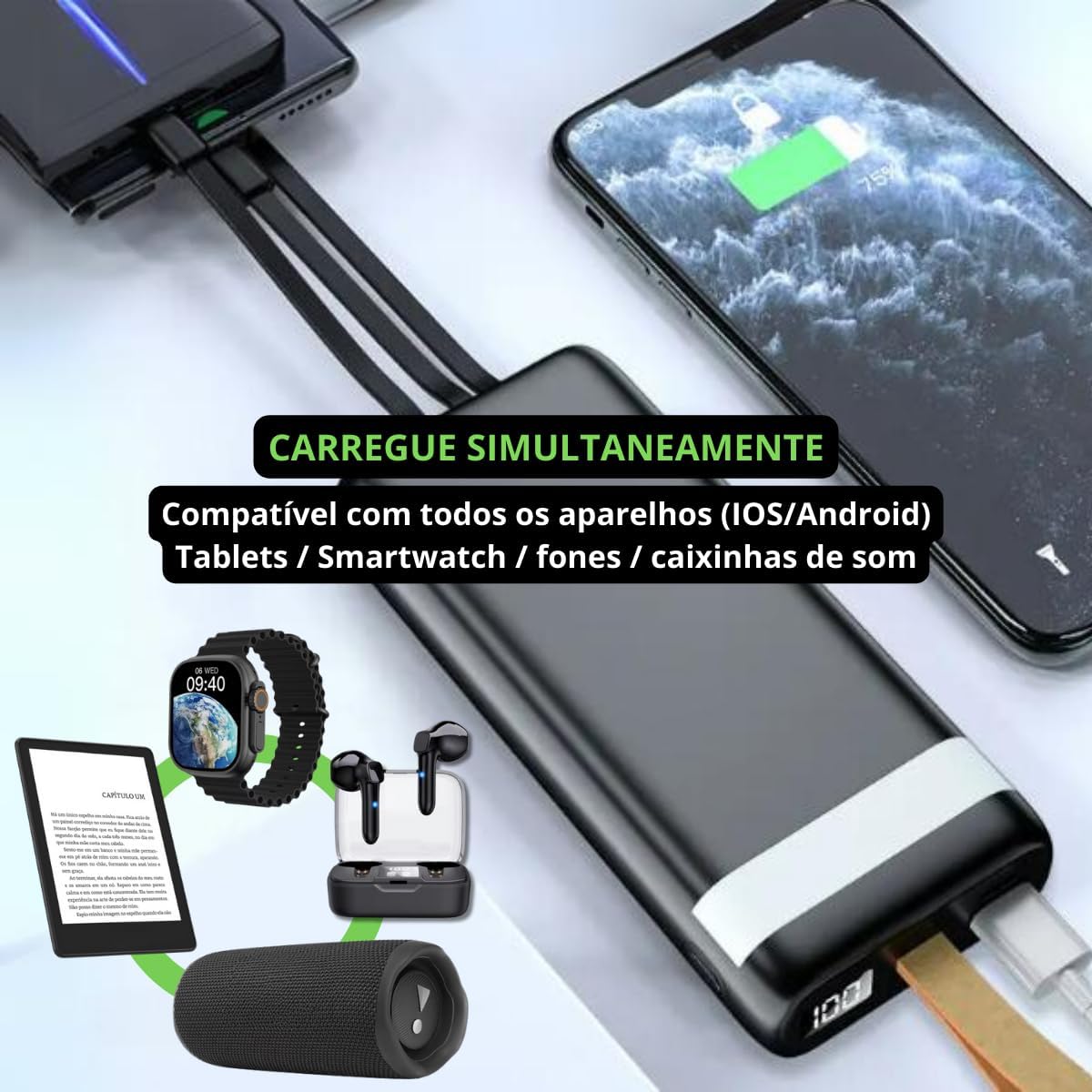 Carregador Portátil Power Bank 20000 mAh Turbo Carregamento Rápido 3.1A, Powerbank com 4 cabos Integrados (USB-C, USB, Lightning) Led Bateria, Lanterna. Compatível com Android e IOS – Premium (Preto) na Amazon