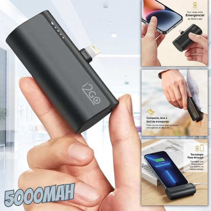 Carregador Portátil (Power Bank) i2GO Pocket 5000mAh – Modelo Lightning ou USB Tipo C na Amazon
