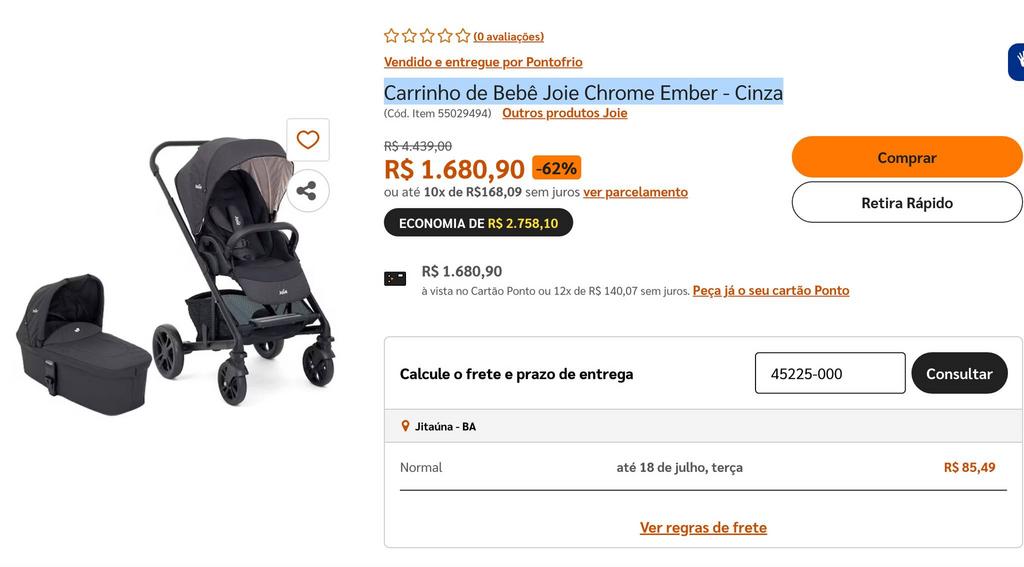 Carrinho de Bebê Joie Chrome Ember – Cinza na Casas Bahia