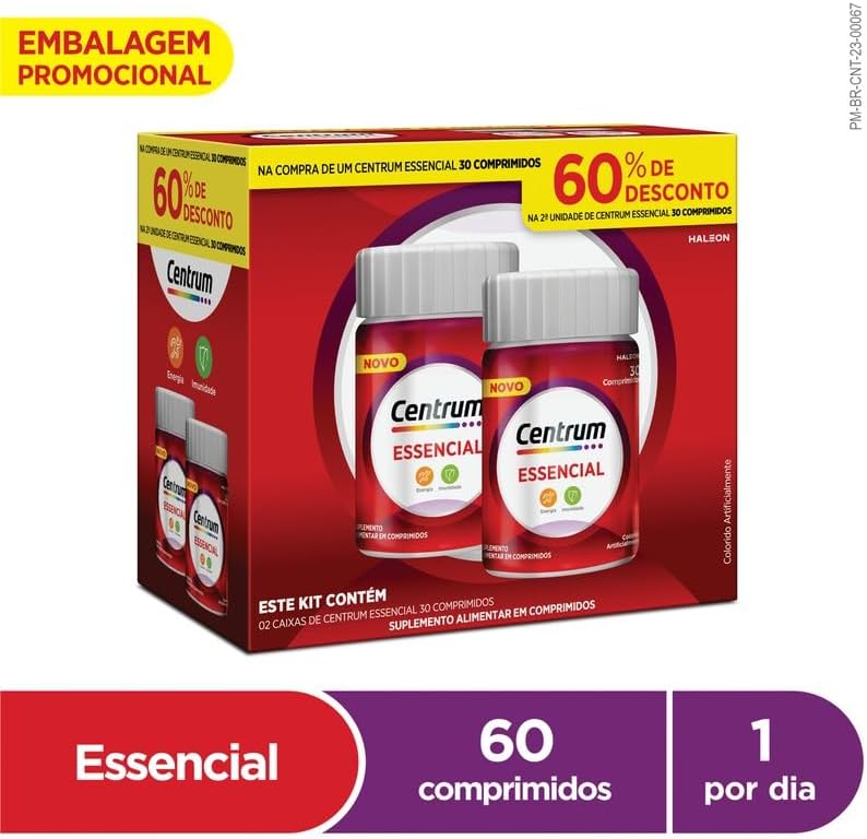 Centrum Essencial, Multivitamínico Adulto, Suplemento Vitamínico com Vitamina B, Vitamina D, e Vitamina C, 2 Frascos com 30 Comprimidos na Amazon