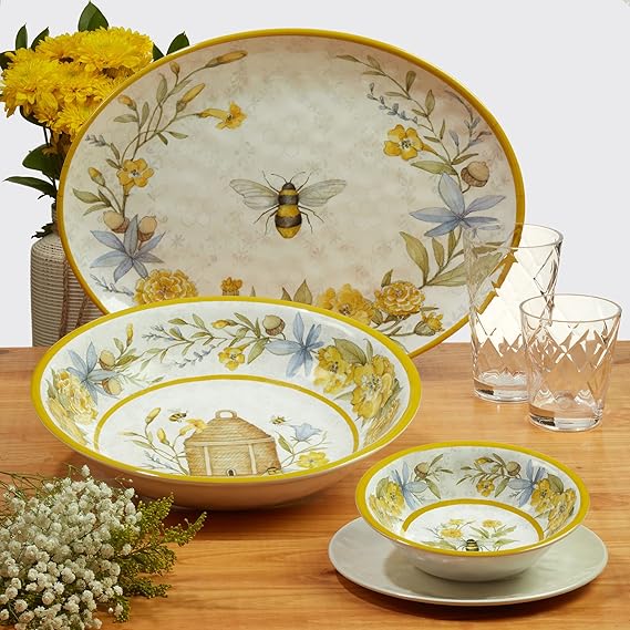 Certified International Conjunto de louça de melamina Bee Sweet, serviço para 4, pratos e tigelas florais e abelhas, utensílios de mesa duráveis e inquebráveis para entretenimento de primavera e verão na Amazon