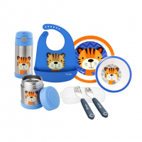 Clingo Kit Alimentação Bebê 7 Peças, Babador, Garrafa + Pote Térmico, Tigela E Prato, Talheres Em Metal, Livre De BPA, Azul na Amazon