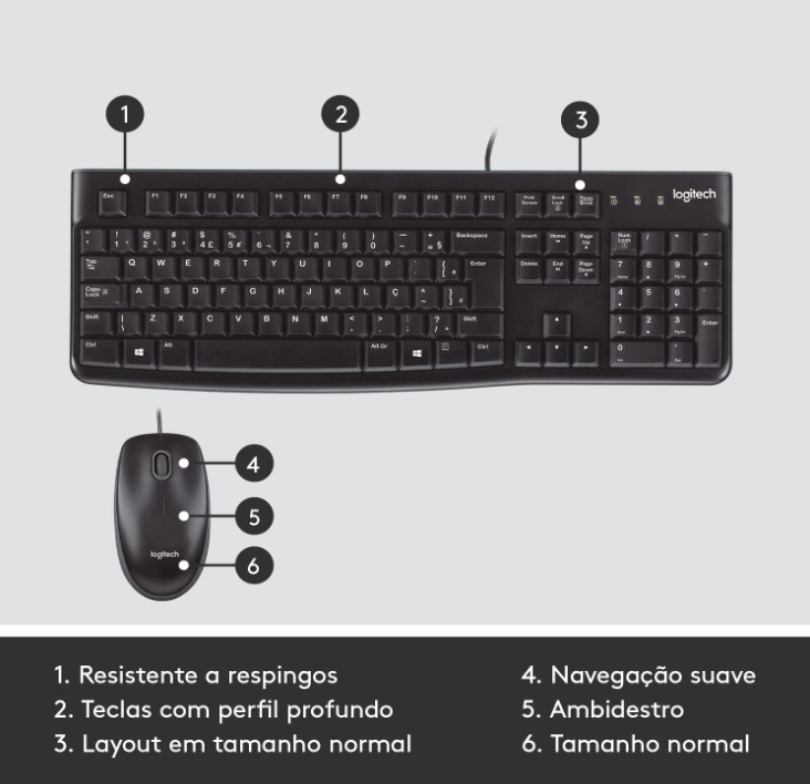 Combo Teclado e Mouse com fio USB Logitech MK120 com Design Confortável, Durável e Resistente à Respingos e Layout ABNT2 na Amazon