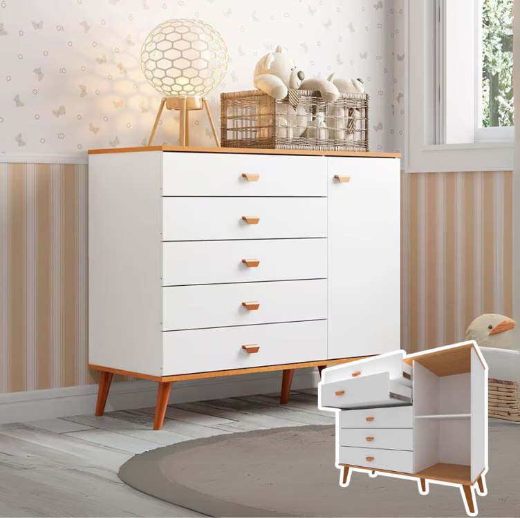 Cômoda Infantil Bartira Ternura com 5 Gavetas e 1 Porta – 106,8cm de largura – Branco Wood na Casas Bahia