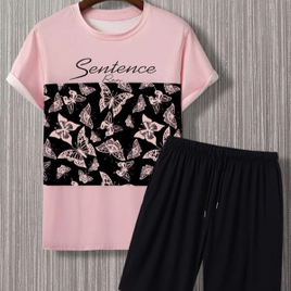 Conjunto Camisa + Short Masculino Padrão de Borboletas e Letras = Shein na Shein