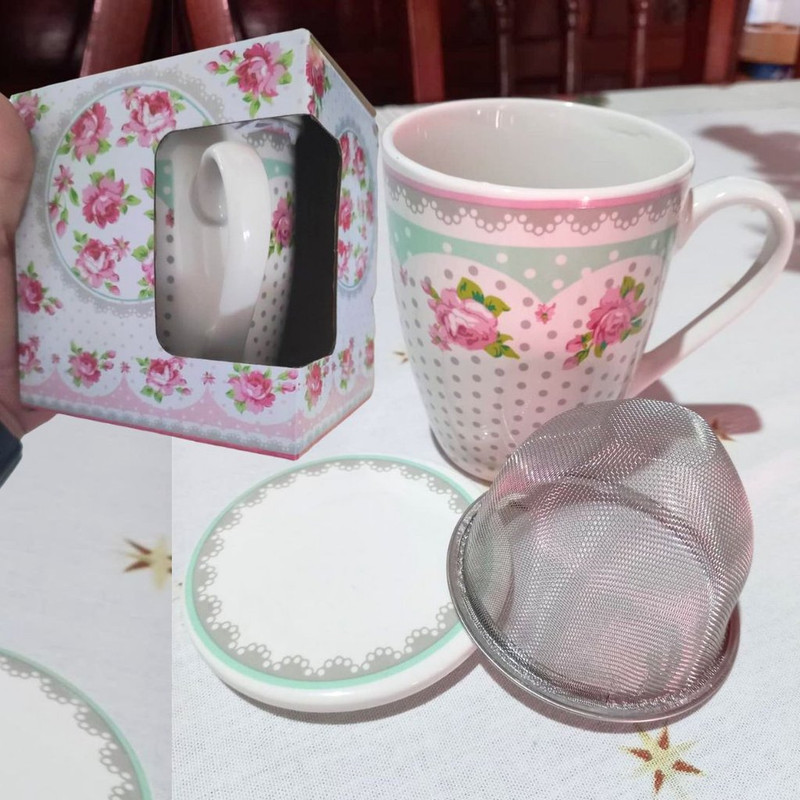 Conjunto Caneca com Tampa e Filtro de Porcelana Amelia Lyor Rosa/ Branco na Amazon