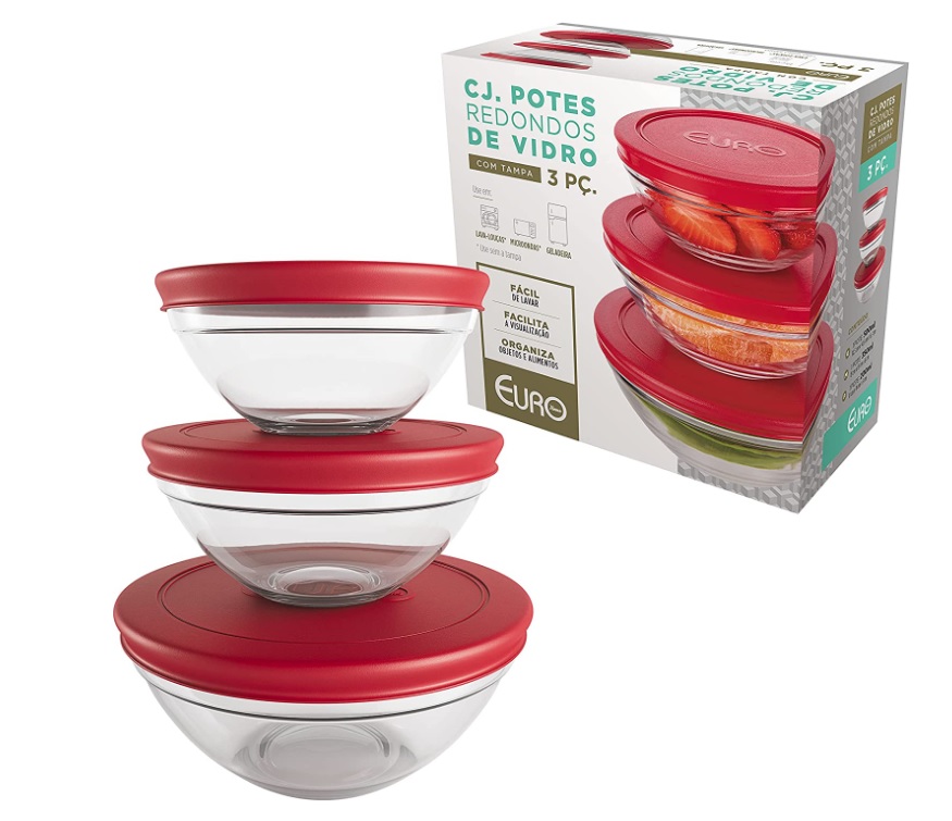 Conjunto com 3 Potes de Vidro Redondos com Tampa Plástica vermelha, VDR7093-VM, Euro Home na Amazon