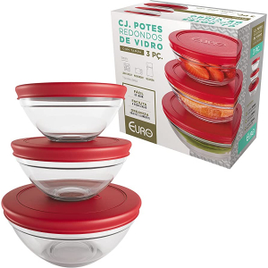 Conjunto com 3 Potes de Vidro Redondos com Tampa Plástica vermelha VDR7093-VM Euro Home na Amazon