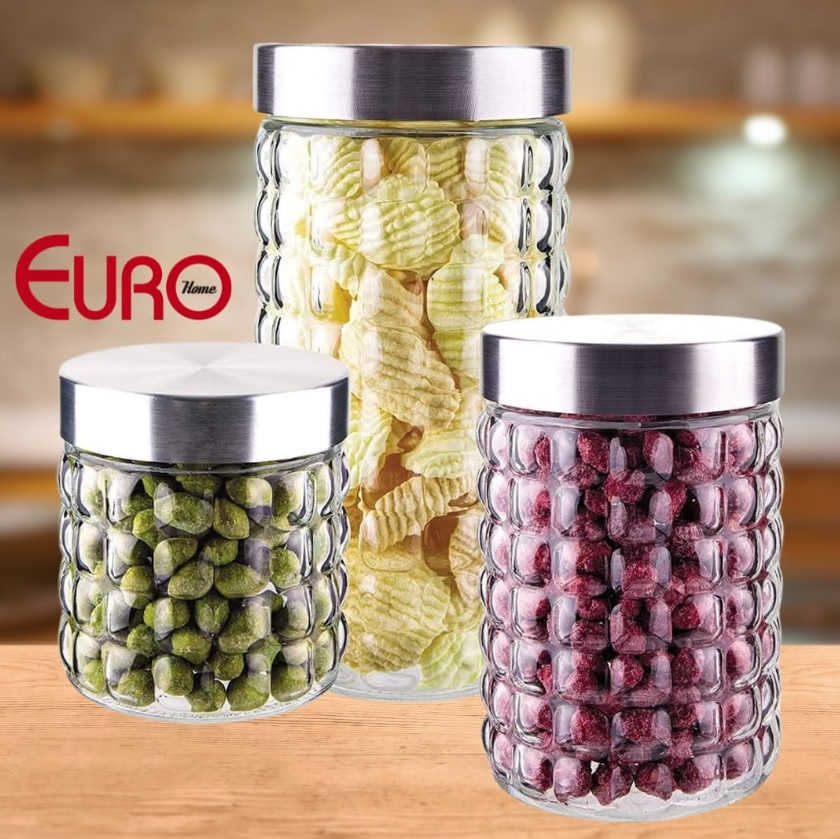 Conjunto com 3 Potes de Vidro transparente Bubble com Tampa Inox, VDR7047-3, Euro Home na Amazon