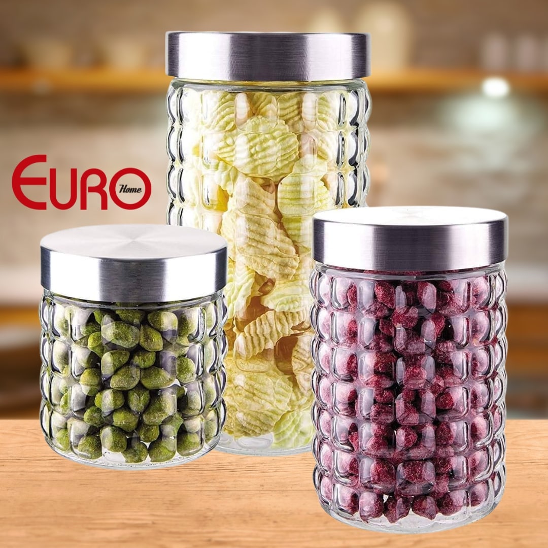 Conjunto com 3 Potes de Vidro transparente Bubble com Tampa Inox, VDR7047-3, Euro Home na Amazon