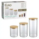 Conjunto com 3 Potes de Vidro transparente Slim com tampa Bambu, Euro Home na Amazon
