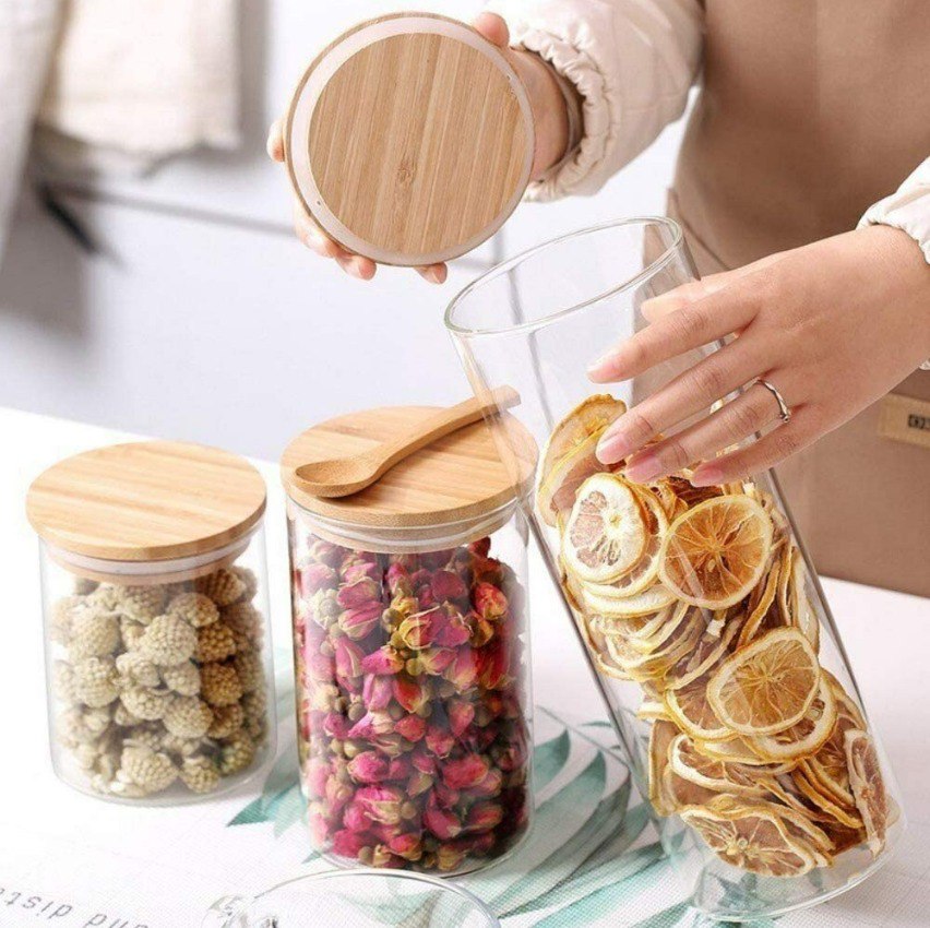 Conjunto com 3 Potes de Vidro transparente Slim com tampa Bambu, VDR6804-3, Euro Home na Amazon