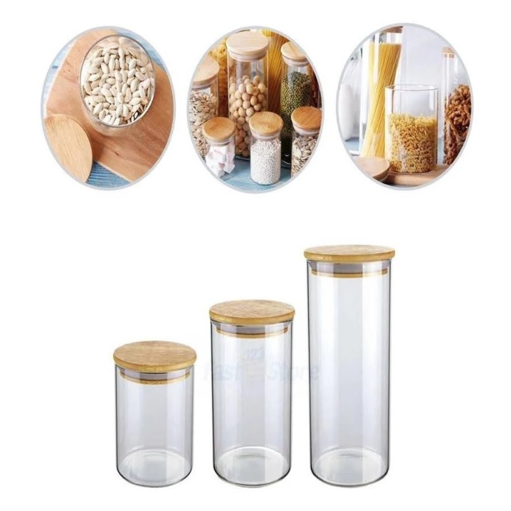 Conjunto com 3 Potes de Vidro transparente Slim com tampa Bambu, VDR6804-3, Euro Home na Amazon