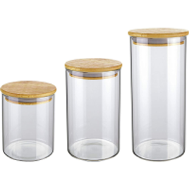 Conjunto com 3 Potes de Vidro transparente Slim com tampa Bambu VDR6804-3 na Amazon