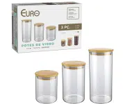 Conjunto com 3 Potes de Vidro transparente Slim com tampa Bambu – Euro Home na Amazon
