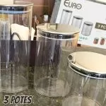 Conjunto com 3 Potes de Vidro transparente Slim com tampa Inox, Euro Home na Amazon