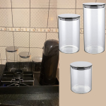 Conjunto com 3 Potes de Vidro transparente Slim com tampa Inox, VDR6866-3, Euro Home na Amazon