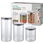Conjunto com 3 Potes de Vidro transparente Slim com tampa Inox, VDR6866-3, Euro Home na Amazon