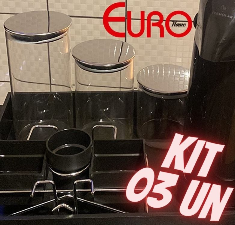 Conjunto com 3 Potes de Vidro transparente Slim com tampa Inox, VDR6866-3, Euro Home na Amazon