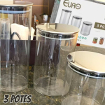 Conjunto com 3 Potes de Vidro transparente Slim com tampa Inox, VDR6866-3, Euro Home na Amazon