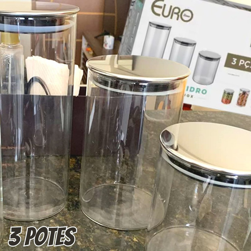 Conjunto com 3 Potes de Vidro transparente Slim com tampa Inox, VDR6866-3, Euro Home na Amazon