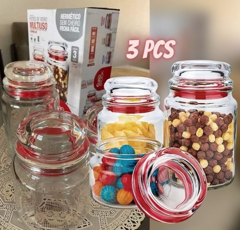 Conjunto com 3 Potes Multiuso de Vidro, com tampa Herméticas, Vermelho, VDR1129-VM, Euro Home na Amazon
