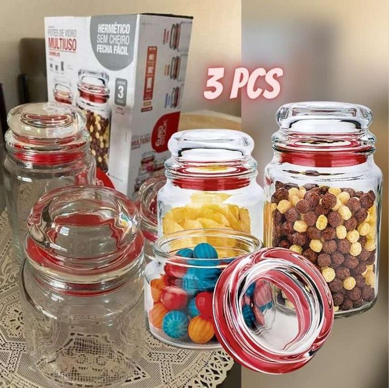 Conjunto com 3 Potes Multiuso de Vidro, com tampa Herméticas, Vermelho, VDR1129-VM, Euro Home na Amazon