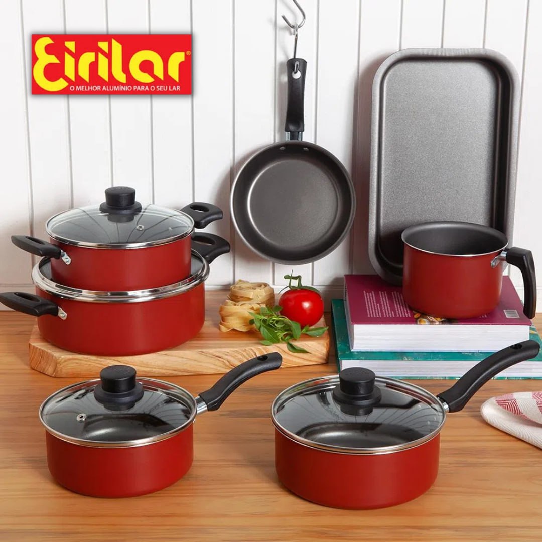 Conjunto de 7 Panelas Antiaderente Eirilar Copacabana com Tampa de Vidro Vermelho na Casas Bahia