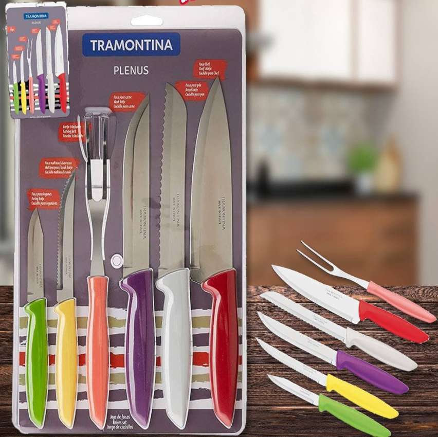 Conjunto de Facas e Garfo Trinchante Tramontina em Inox e Polipropileno Plenus – 6 Peças na Casas Bahia