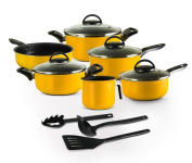 Conjunto de Panelas Antiaderente 9 Peças Amarelo com Tampa de Vidro e Utensílios na Amazon