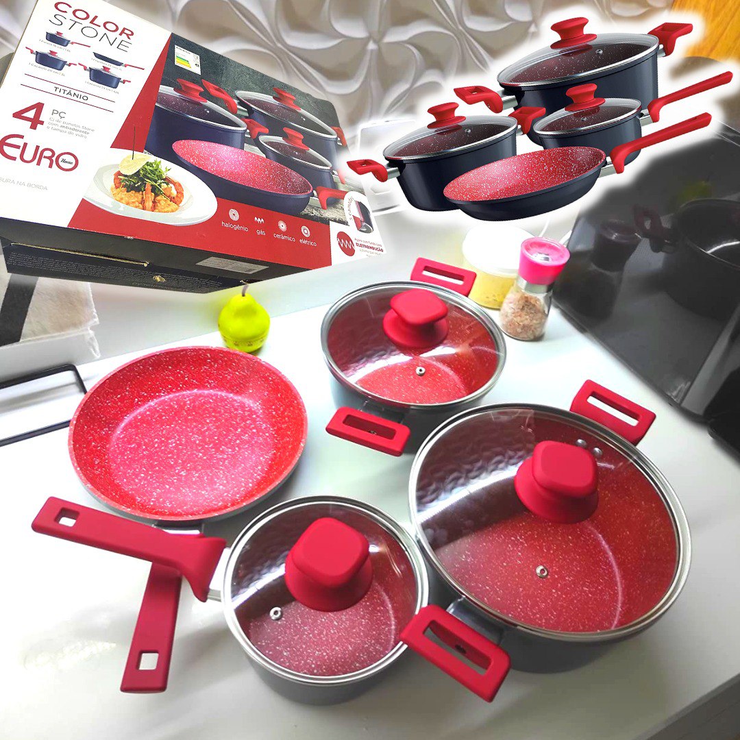 Conjunto de panelas ColorStone 4 peças de alumínio com antiaderente e tampa de vidro, Titânio, ALU8709-TI, Euro Home na Amazon