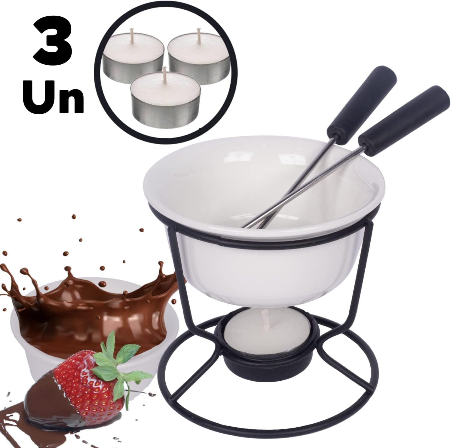 Conjunto Fondue Em Cerâmica Redondo 7 Peças 140ml Chocolate Queijo – 3 Velas na Amazon