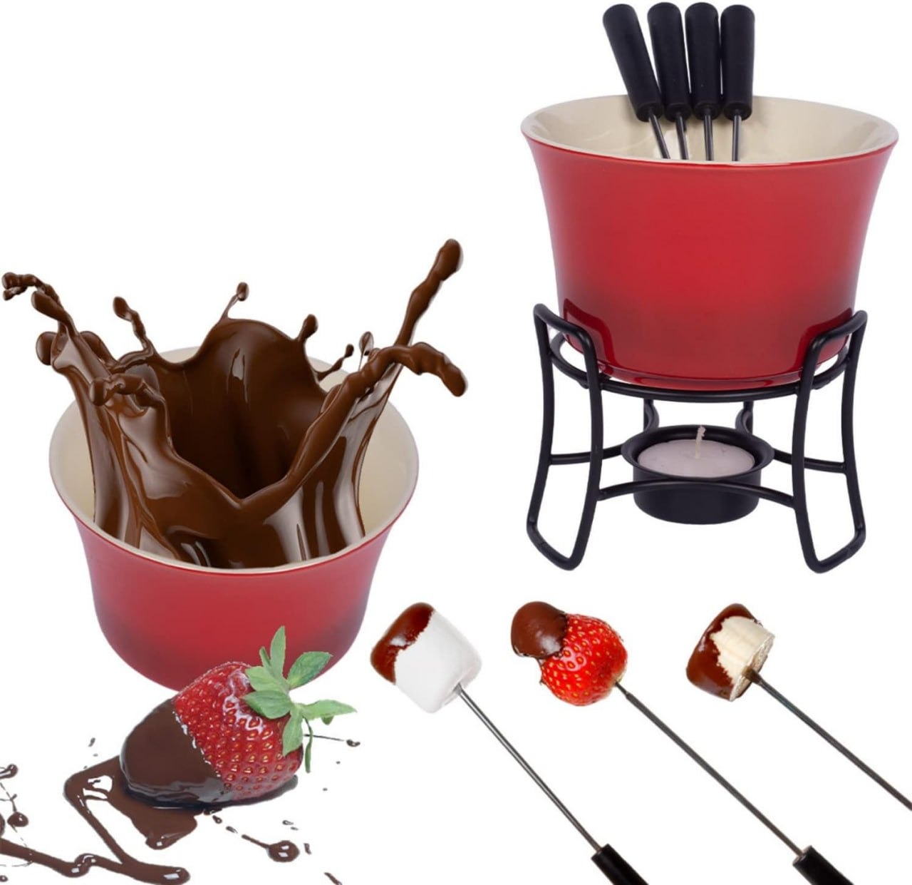 Conjunto Fondue Em Cerâmica Redondo 9 Peças 300ml Chocolate Queijo – 3 Velas (Vermelho) na Amazon